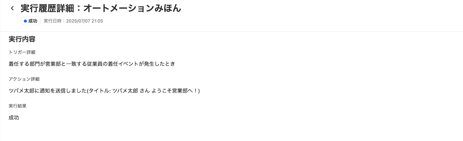 実行履歴詳細画面のスクリーンショット