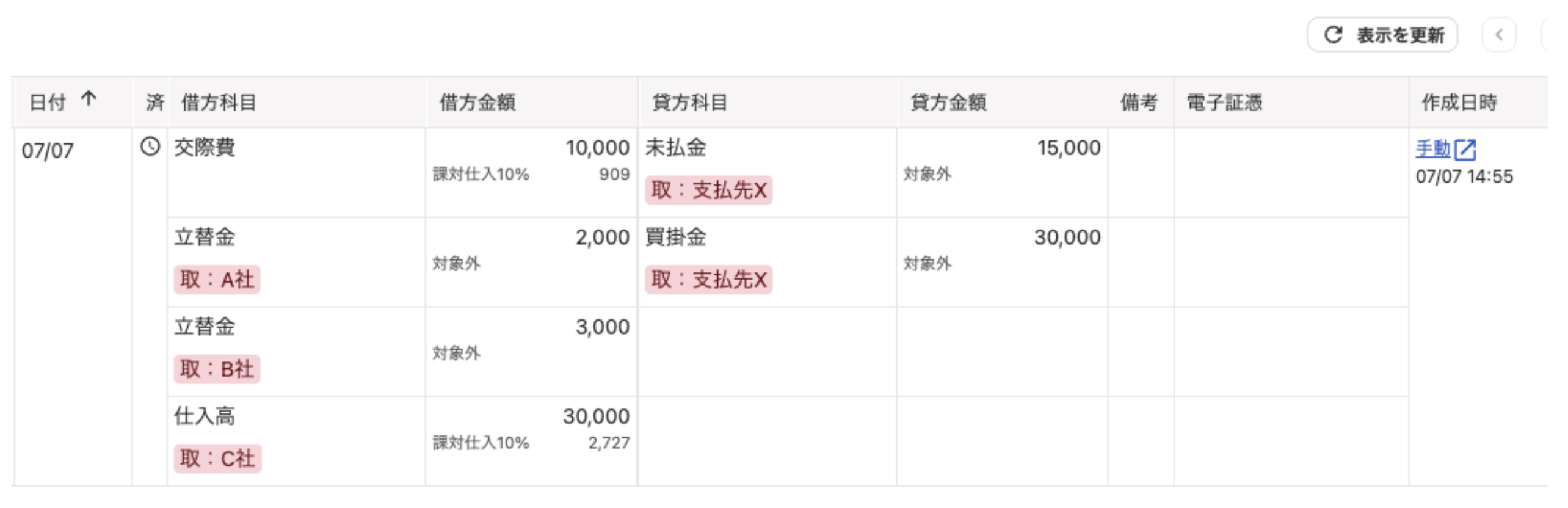 仕訳帳画面のスクリーンショット