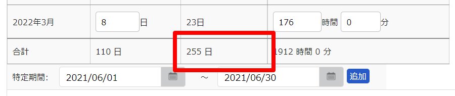 別労働時間設定画面の「労働日数」の合計を指し示しているスクリーンショット