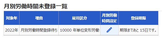 1年単位の変形労働画面の「月別労働時間未登録一覧」部分のスクリーンショット