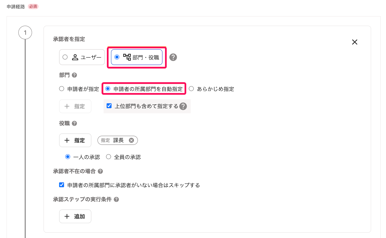 部門・役職、申請者の所属部門を自動指定を指し示すスクリーンショット