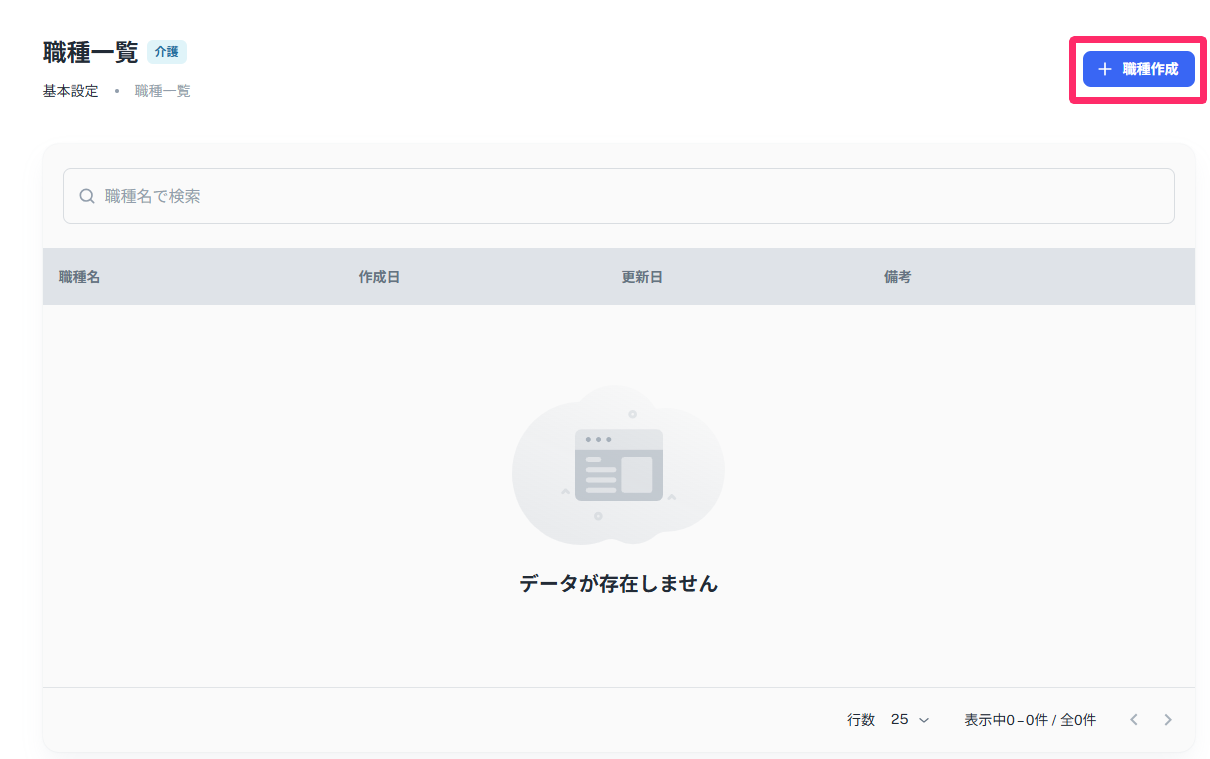 職種一覧画面で［＋職種作成］を指し示しているスクリーンショット