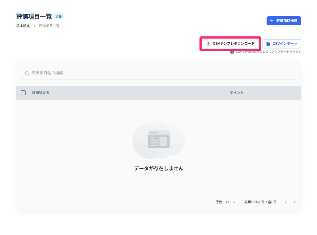 評価項目一覧で［CSVテンプレダウンロード］ボタンを指し示しているスクリーンショット