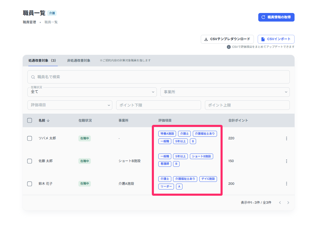 入力した評価項目が取り込まれた画面のスクリーンショット