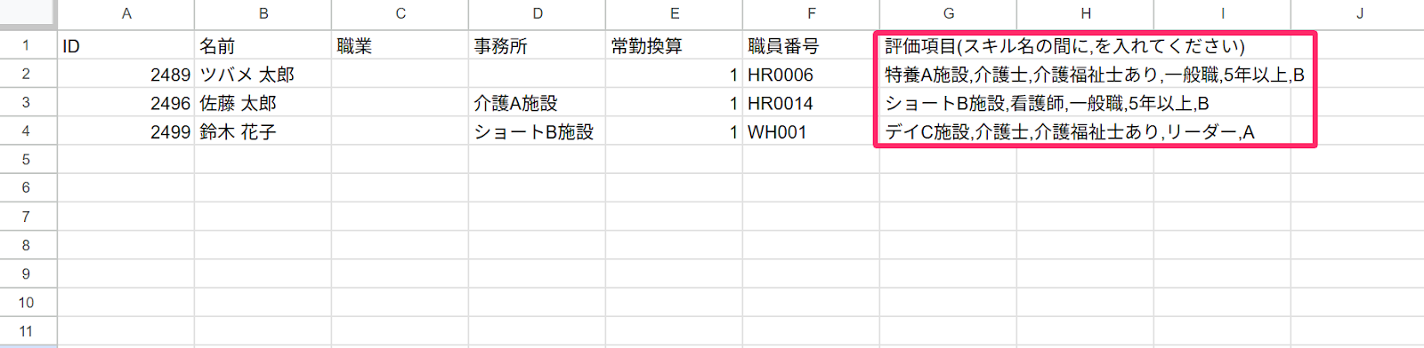ダウンロードしたCSVファイルの評価項目を指し示しているスクリーンショット