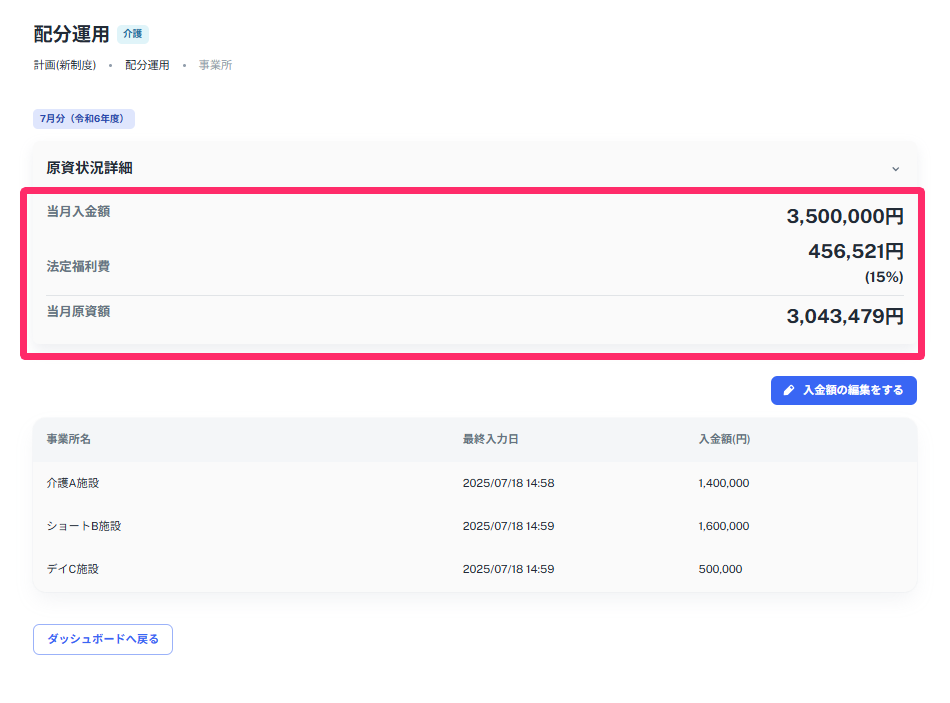 配分運用画面で原資状況詳細を指し示しているスクリーンショット