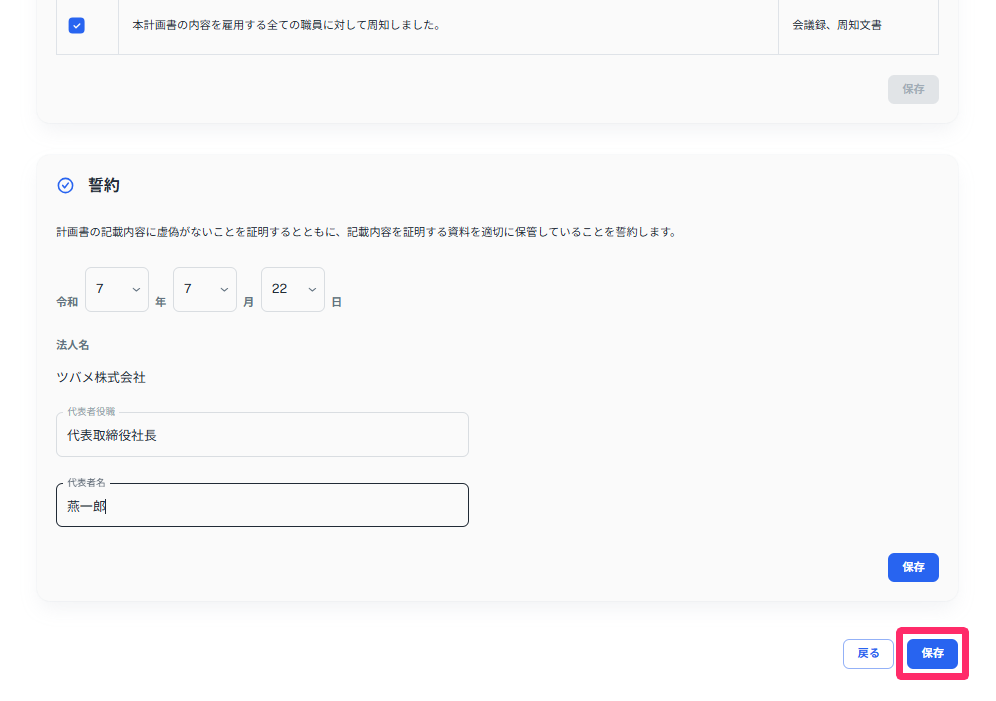 「別紙様式2-1　計画書_総括表」の入力で［保存］ボタンを指し示しているスクリーンショット