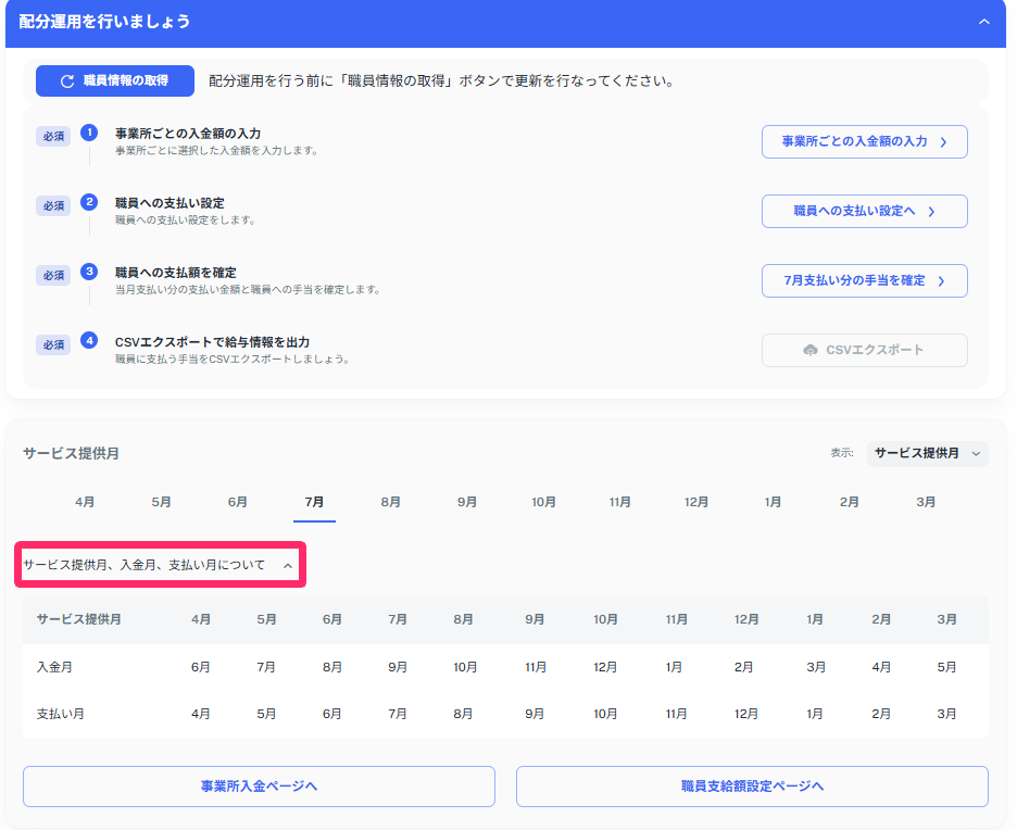 「サービス提供付き・入金月・支払い月」の表示を指し示しているスクリーンショット