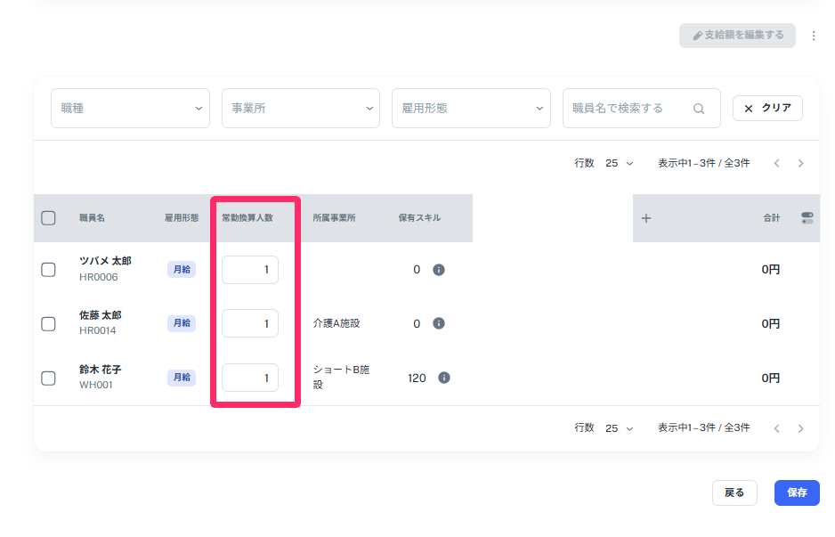 常勤換算人数の編集欄を指し示しているスクリーンショ