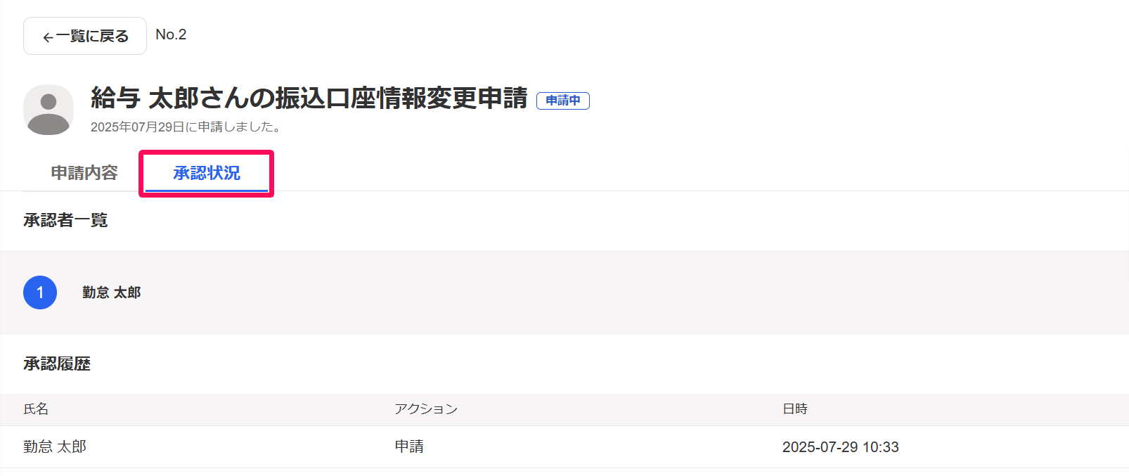 申請画面の［承認状況］タブを指し示しているスクリーンショット