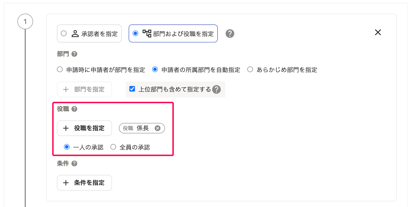 申請経路の1つ目の承認ステップで役職に係長を選択している画面のスクリーンショット