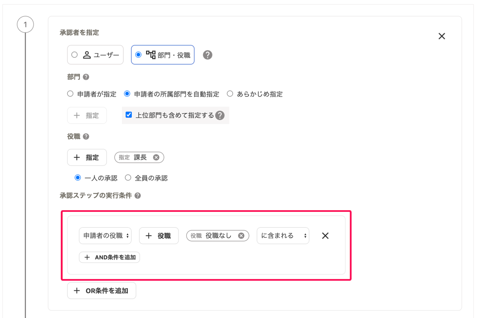 申請経路の1つ目の承認ステップで「承認ステップの実行条件」を「役職なし」に設定している画面のスクリーンショット