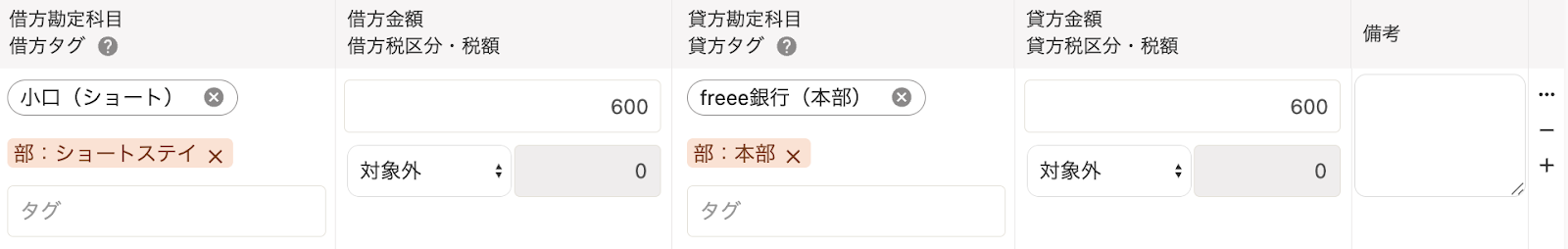 振替伝票画面入力例のスクリーンショット