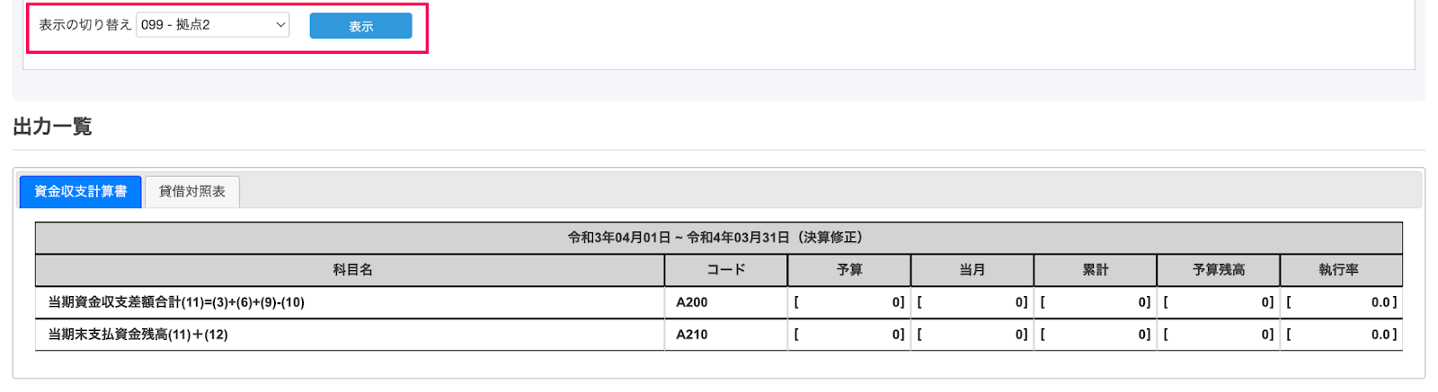 表示の切り替え項目を指し示しているスクリーンショット