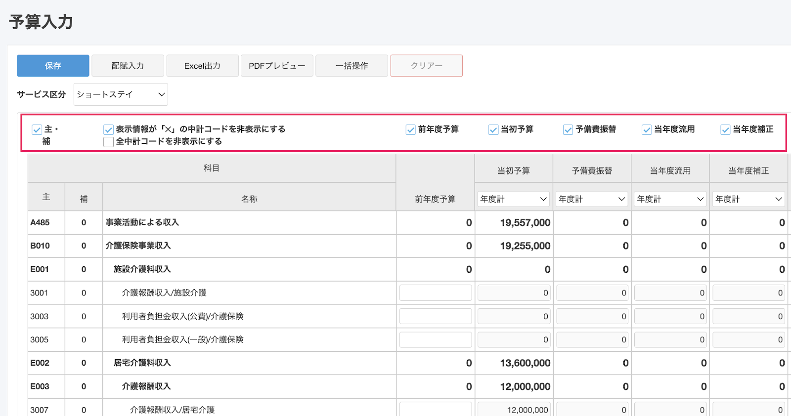 予算入力の表示設定を指し示しているスクリーンショット