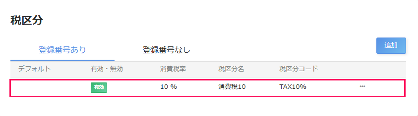税区分画面の一覧で登録された税区分を指し示しているスクリーンショット