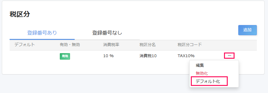 税区分画面でデフォルト化したい税区分の三点リーダー→［デフォルト化］を指し示しているスクリーンショット