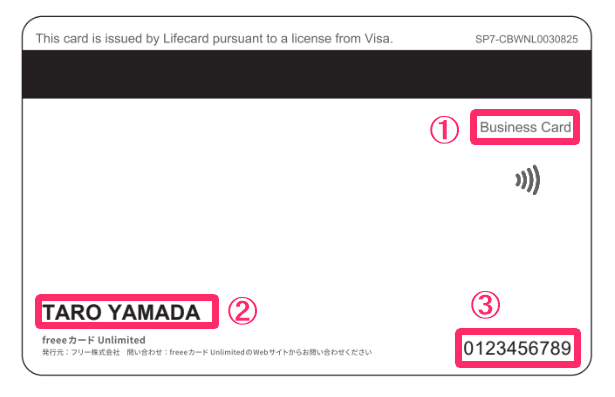 ナンバーレスのfreeeカードUnlimited「リアルカード」の券面に記載されている各情報を指し示しているスクリーンショット