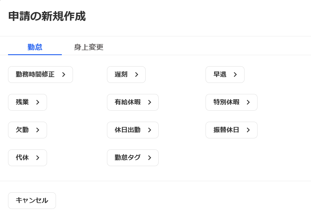 「申請の新規作成」画面のスクリーンショット