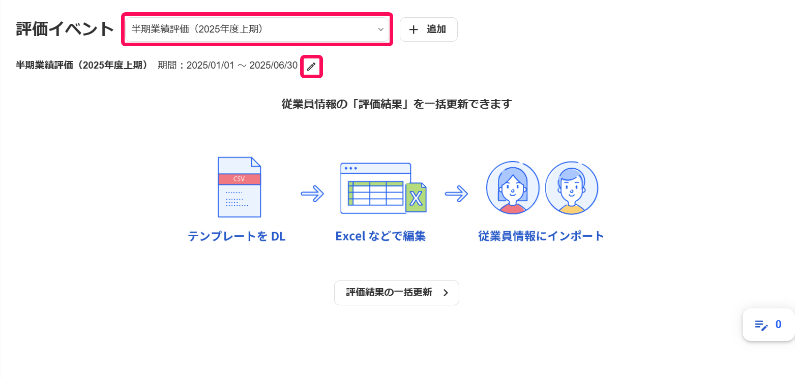 評価イベントと［編集］ボタンを指し示すスクリーンショット