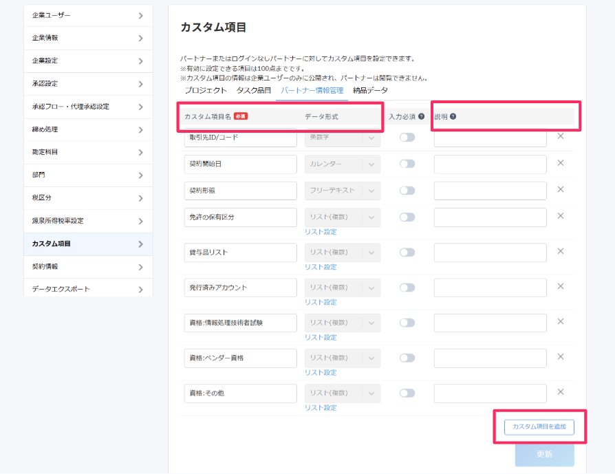 ［カスタム項目名］［データ形式］［説明］を指し示しているスクリーンショット