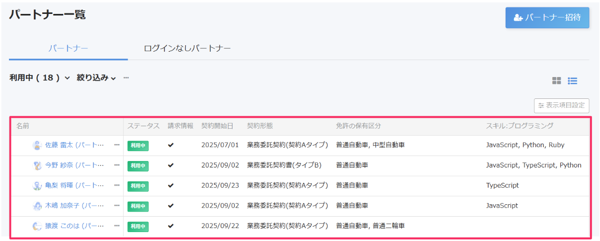 設定した内容が反映されたパートナー一覧画面のスクリーンショット
