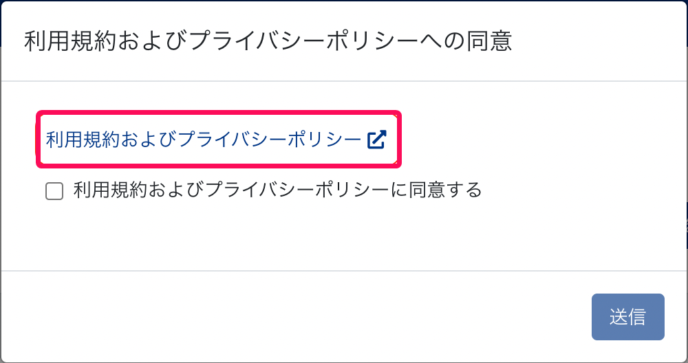利用規約およびプライバシーポリシーへの同意画面で［利用規約およびプライバシーポリシー］のリンクを指し示しているスクリーンショット