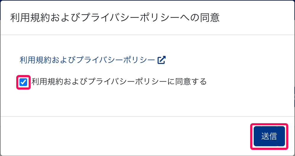 利用規約およびプライバシーポリシーへの同意画面で［利用規約およびプライバシーポリシーに同意する］のチェックボックスを指し示しているスクリーンショット