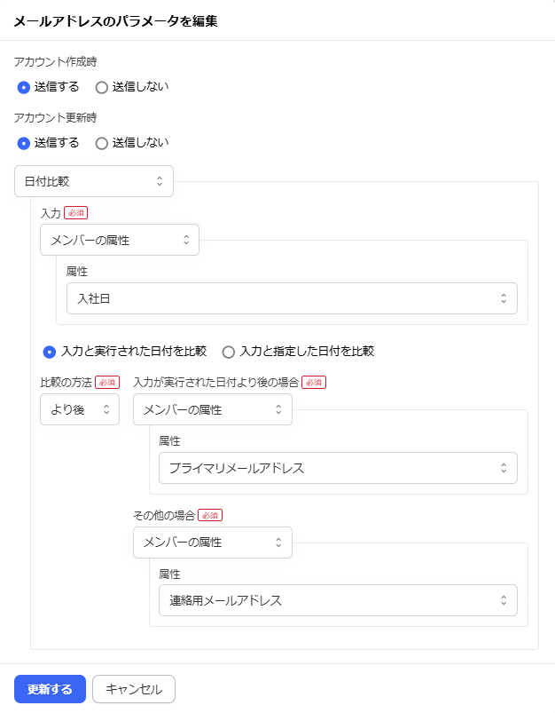 「メールアドレスのパラメータを編集」画面のスクリーンショット