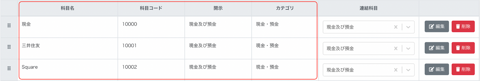 科目名・科目コード・開示・カテゴリを指し示しているスクリーンショット