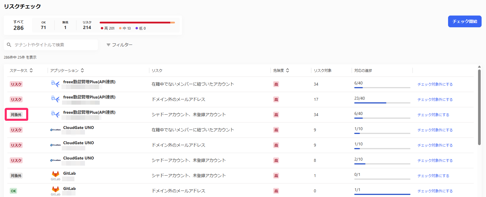 該当のリスクチェック項目のステータスが［対象外］に変更されたスクリーンショット