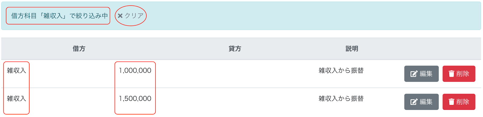 借方科目「雑収入」で絞り込みをした画面のスクリーンショット
