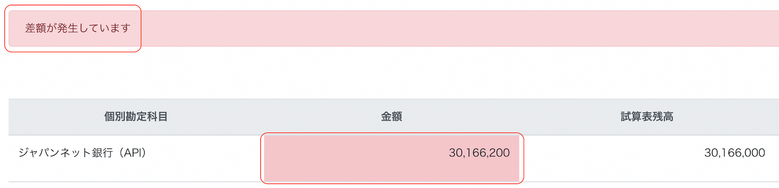 差額が発生している画面のスクリーンショット