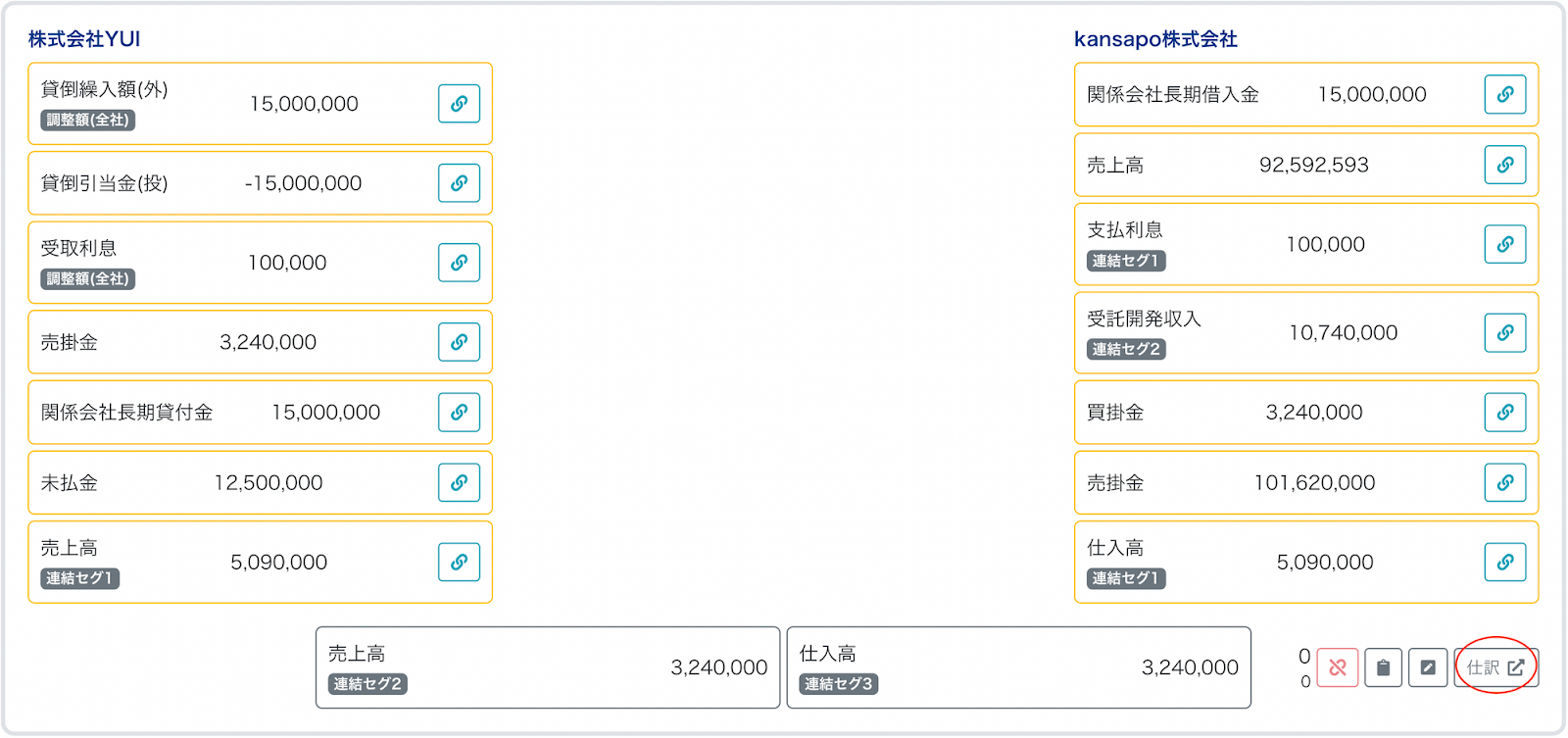仕訳ボタンを指し示しているスクリーンショット