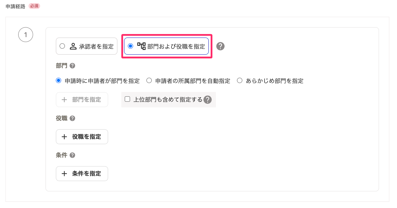 [部門および役職を指定]ボタンを示すスクリーンショット