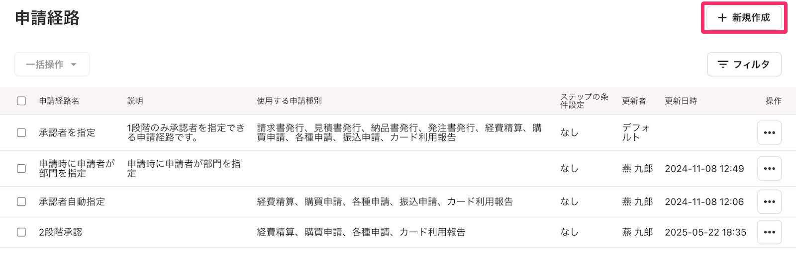 申請経路で［＋新規作成］を指し示しているスクリーンショット