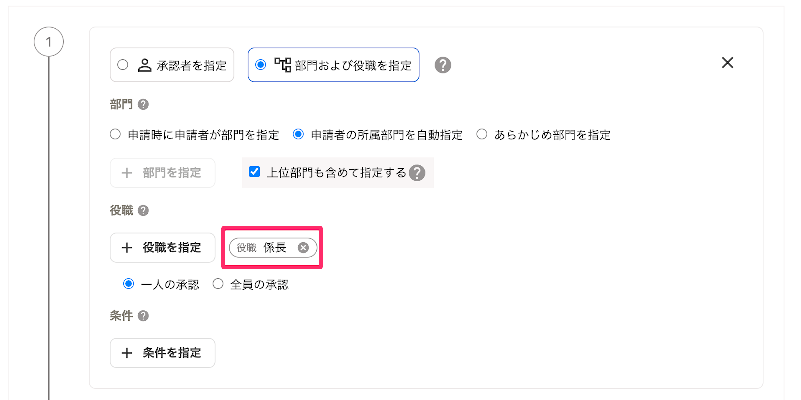 1つ目の承認ステップ画面で「役職：係長」が選択されている画面のスクリーンショット