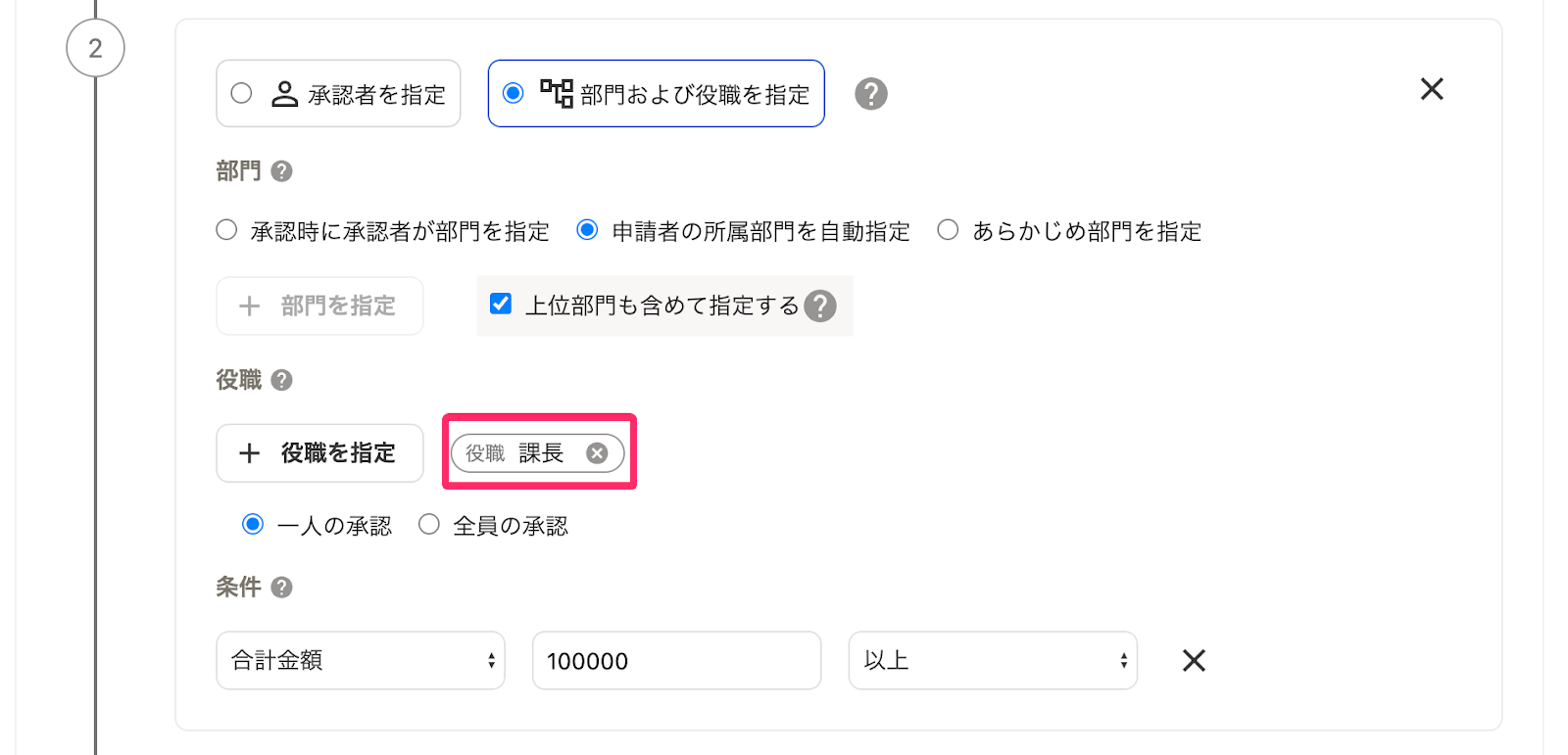 2つ目の承認ステップ画面で「役職：課長」が選択されている画面のスクリーンショット