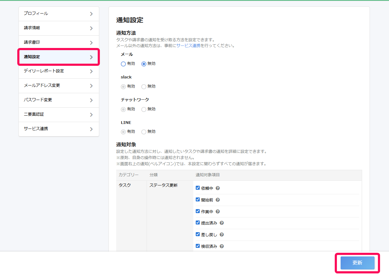 ［通知設定］と［更新］を指し示しているスクリーンショット