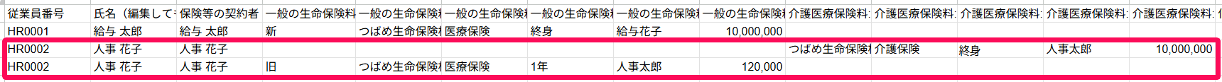 CSV編集画面で1行につき1つの保険区分の申告内容を入力している部分を指し示しているスクリーンショット