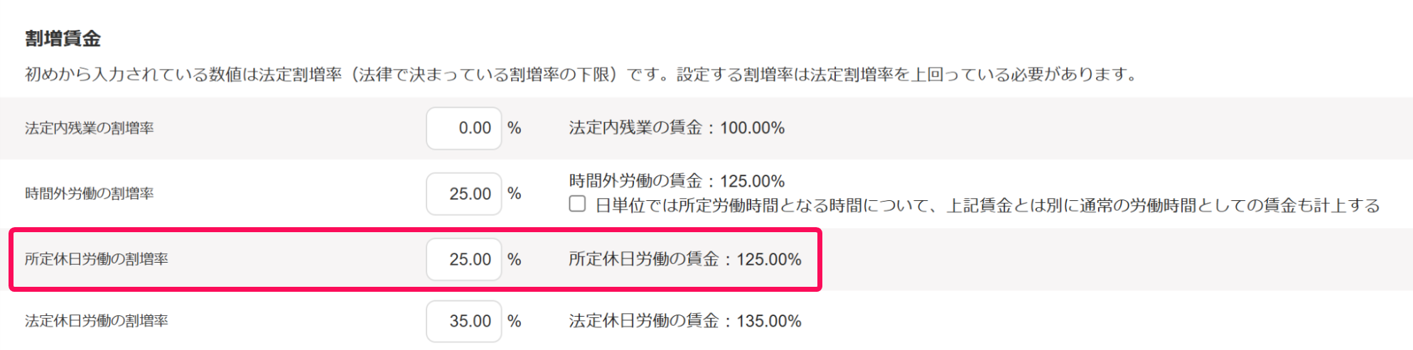 「割増賃金」セクションの「所定休日労働の割増率」を指し示すスクリーンショット
