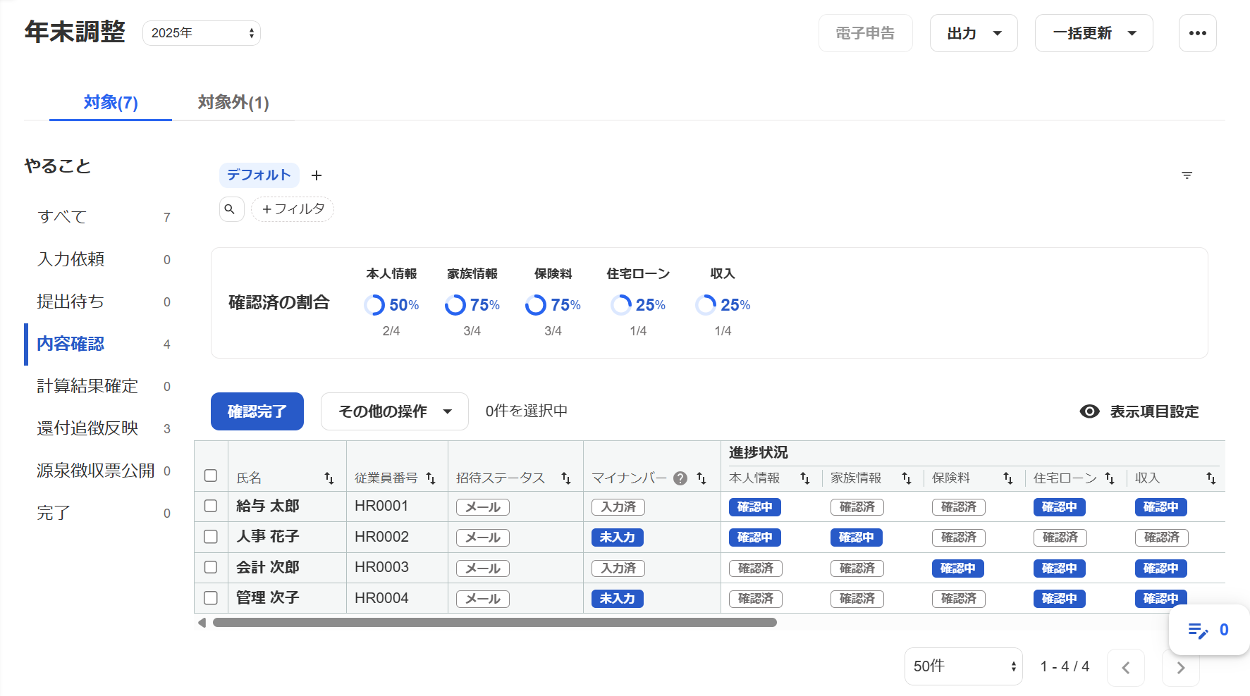 年末調整画面の内容確認ステータスを開いているスクリーンショット