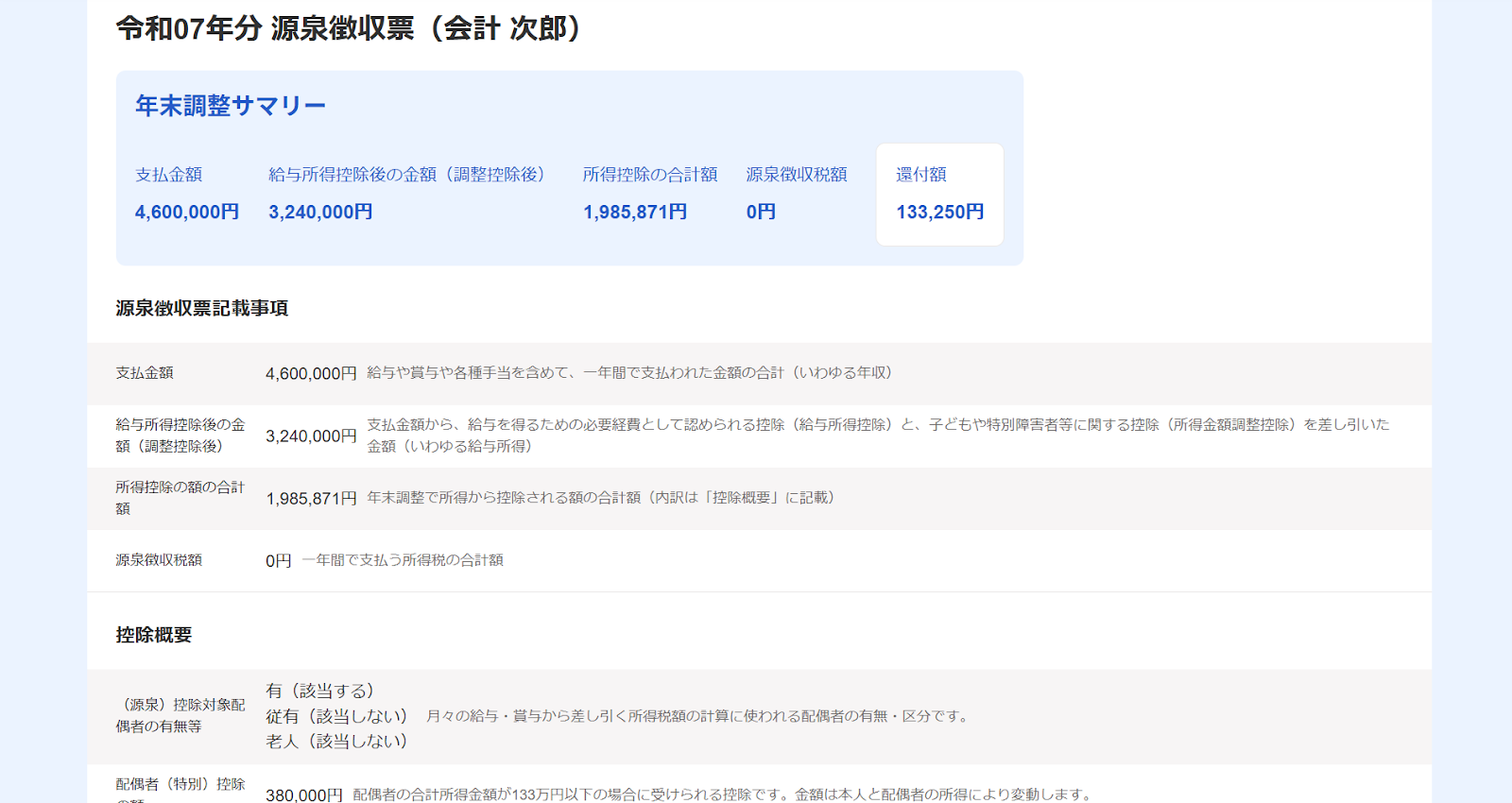 源泉徴収票のWEB上での確認画面
