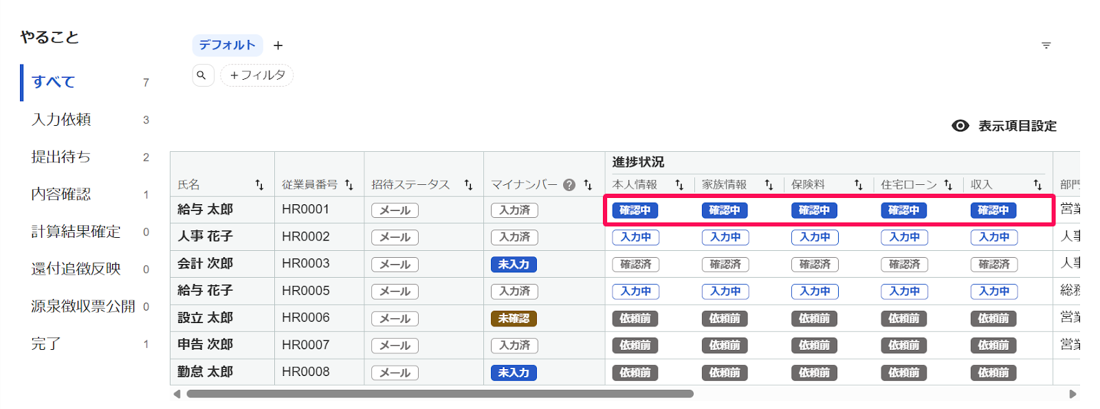 年末調整画面の従業員の一覧に表示された「確認中」を指し示しているスクリーンショット