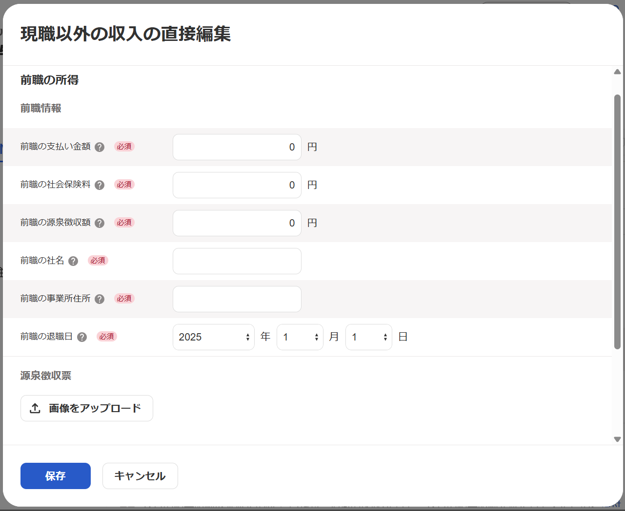 「現職以外の収入の直接編集」画面のスクリーンショット