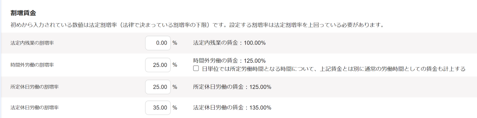 割増賃金設定画面のスクリーンショット