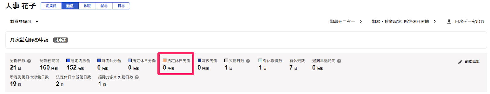 勤怠編集画面の勤怠カレンダー上部の「休日労働」項目を指し示しているスクリーンショット