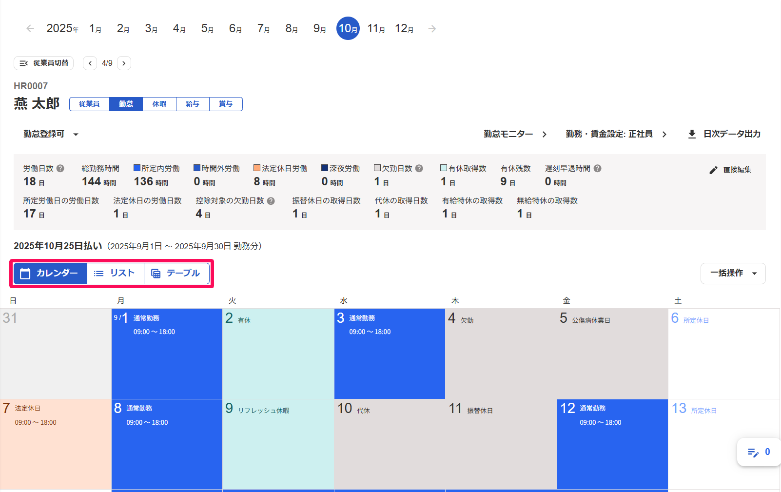 勤怠編集画面のカレンダー表示で勤怠表示の切り替えボタンを指し示しているスクリーンショット