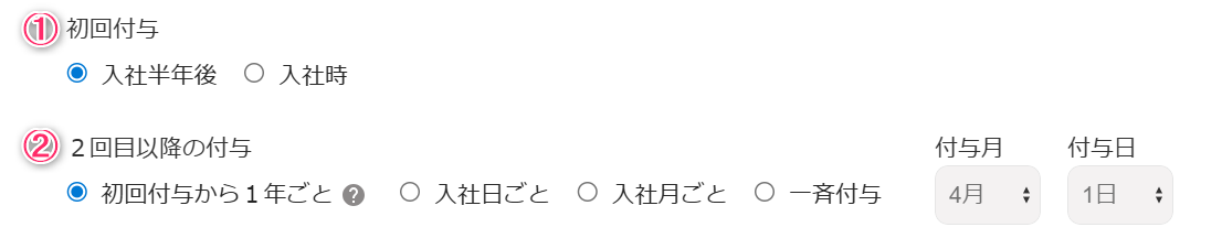 「初回付与」「2回目以降の付与」部分のスクリーンショット