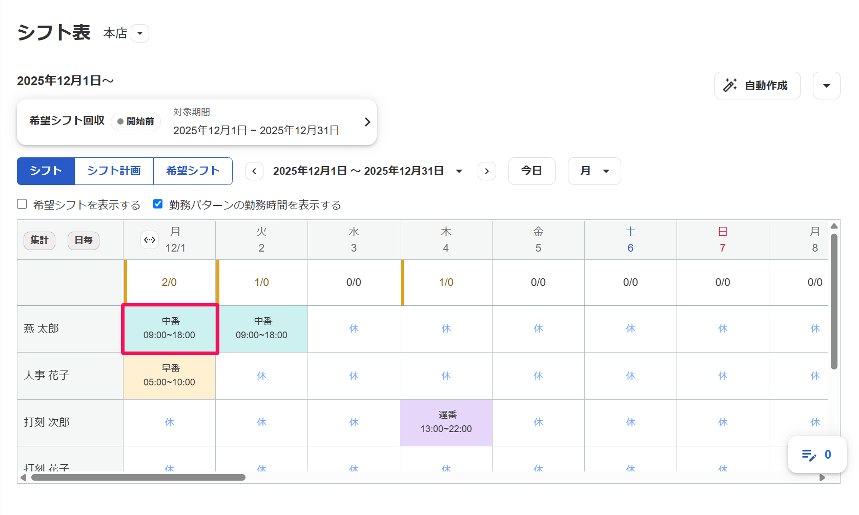 シフト表画面の特定の日を指し示しているスクリーンショット